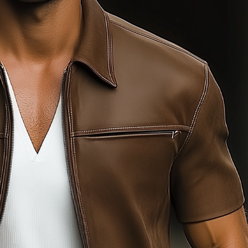 Men's Summer Light Leather Zip-Up Short Sleeve Shirt DTT25061712