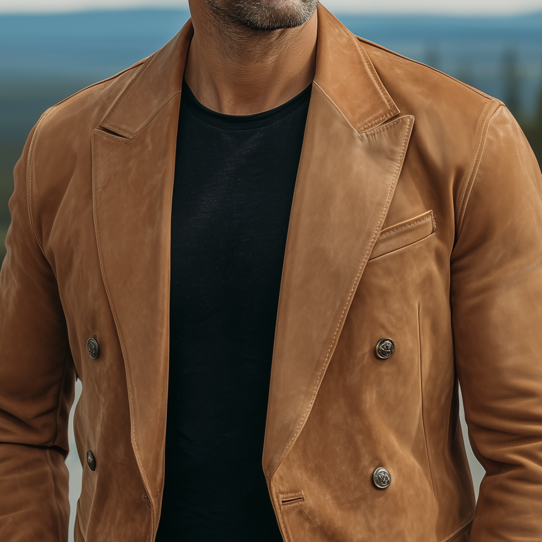 Men's Classic Retro Solid Color Suede Double-breasted Slim-fit Blazer DTT25080719