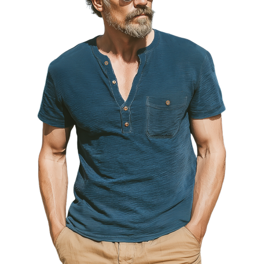 Men's Summer Classic Henley Collar Textured Short Sleeve T-Shirt DTT25070316