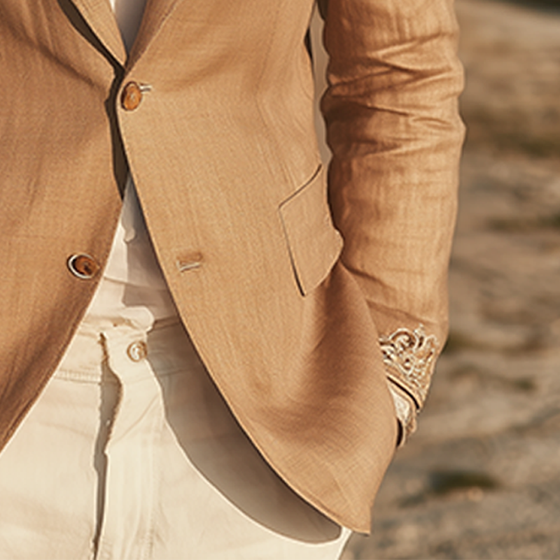 Men's Classic Retro Cuff Embroidery Cotton And Linen Slim Fit Single Breasted Blazer DTT25071806