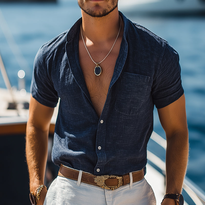 Men'S Retro Casual Linen Beach Street Style Lapel Short Sleeve Shirt DTT25060915