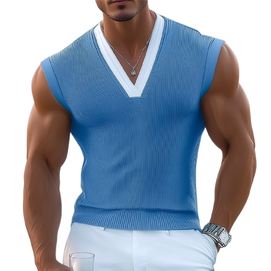 Men's Knitted Contrast Color V-Neck Sleeveless Tank Top DTT25071405