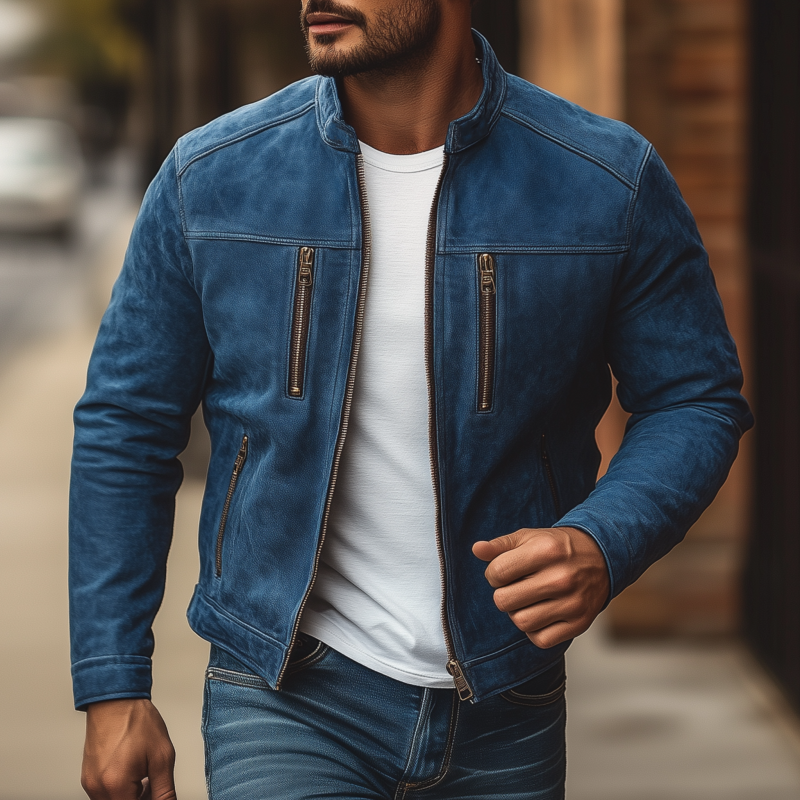 Men's Vintage Solid Suede Stand Collar Zipper Placket Slim Fit Multi-Pocket Jacket DTT25081207