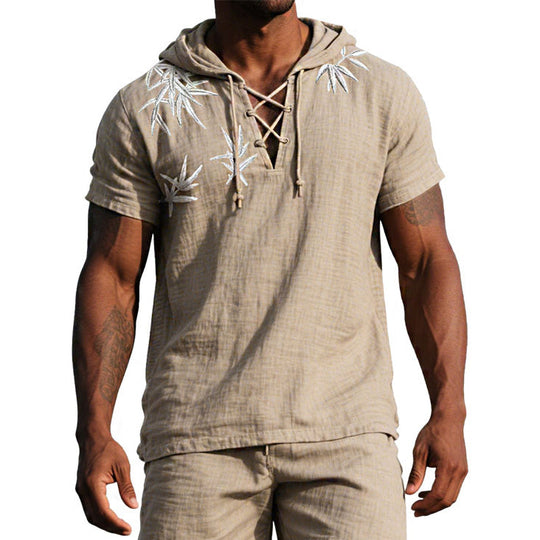 Men's Bamboo Pattern Embroidery Short Sleeve V Neck Hooded T-shirt 9956074455224