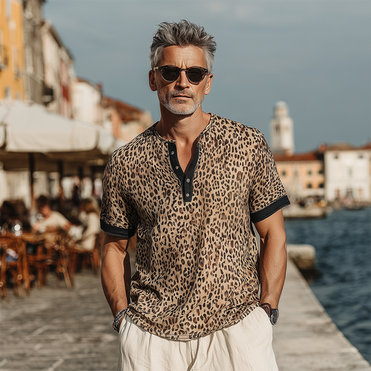 Men's Fashion Casual Cotton Blended Printed Leopard Stitching Henley Neck Short Sleeve T-Shirt DTT25071706
