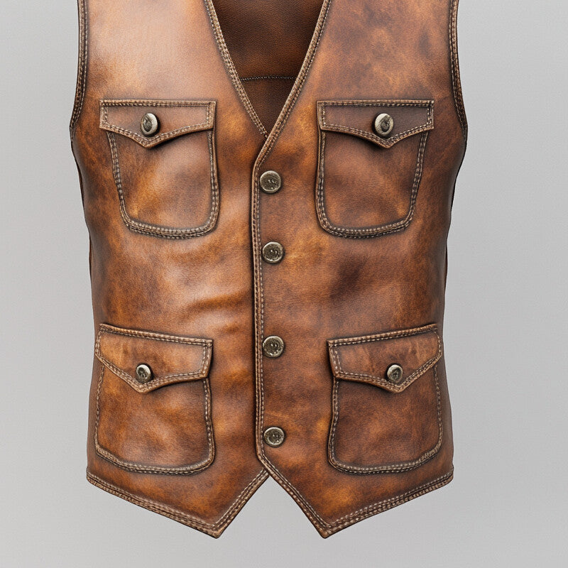 Men's Retro V Neck Button Multiple Pockets PU Leather Vest 9913235374264
