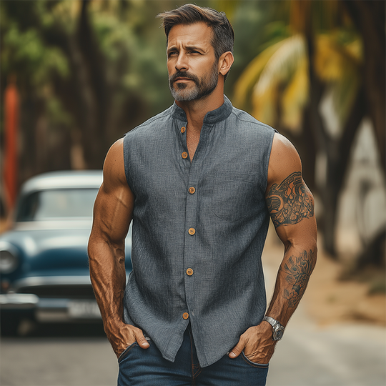 Men's Fashion Casual Classic Retro Stand Collar Tough Style Cotton And Linen Sleeveless Shirt DTT25060306