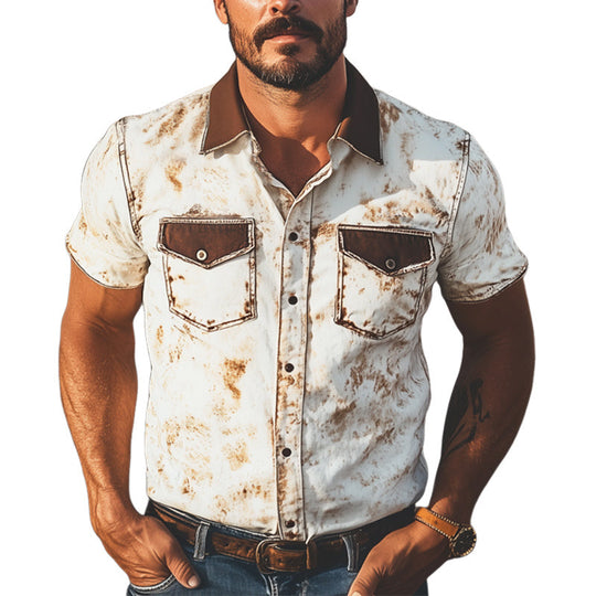 Men's Summer Western Cowboy Style Colorblock Print Short Sleeve Shirt DTT25060618