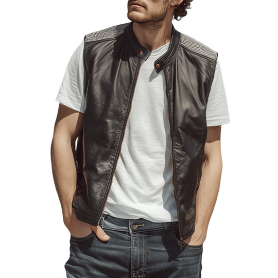 Men's Spring And Summer Fashion Casual Shoulder Splicing Mesh Fabric Stand Collar Zipper Leather Vest DTT25071115