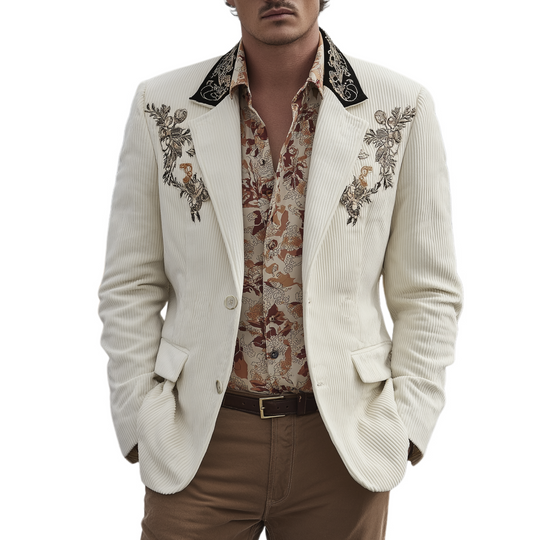 Men's Classic Casual Western Cowboy Style Corduroy Embroidered Single-breasted Blazer DTT25080417