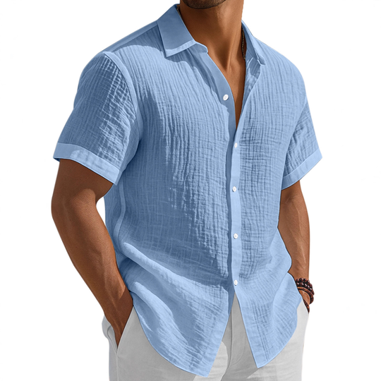 Men's Washed Cotton Solid Color Casual Short Sleeve Shirt DTT25080104