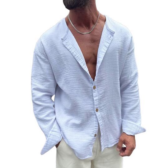 Men's Solid Cotton And Linen Round Neck Long Sleeve Shirt DTT25060518