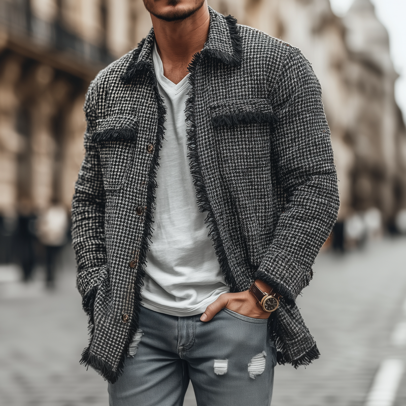 Men's Fashion Houndstooth Patchwork Tassel Edge Lapel Chest Pocket Single Breasted Mid-Length Jacket DTT25072302