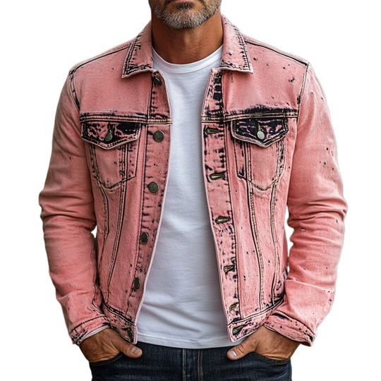 Men's Vintage Pink Tie Dye Slim Fit Denim Jacket 9911548018872