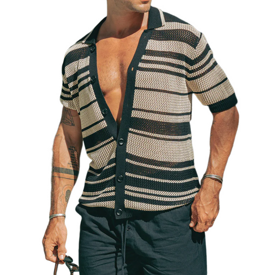 Men's Spring And Summer Fashion Casual Hollow Horizontal Striped Knitted Short-sleeved Shirt DTT25070804