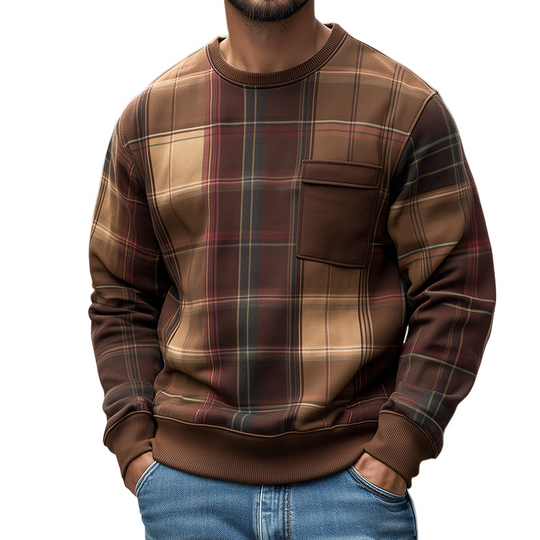 Men's Retro Casual Plaid Print Crew Neck Sweatshirt DTT25082502