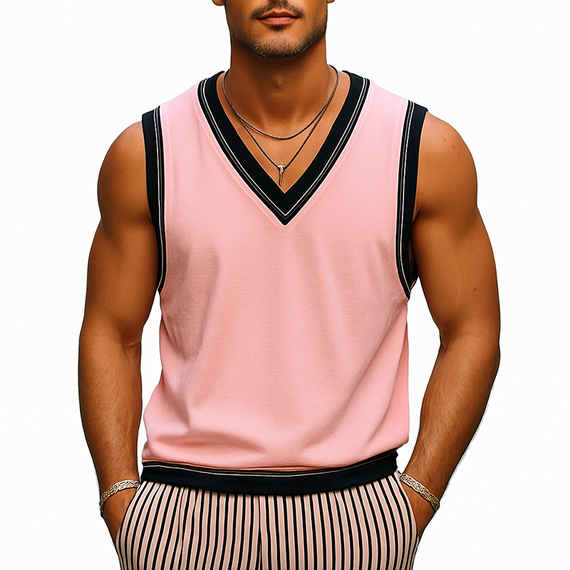 Men's Contrast Color V-Neck Cotton Blend Tank Top DTT25072207