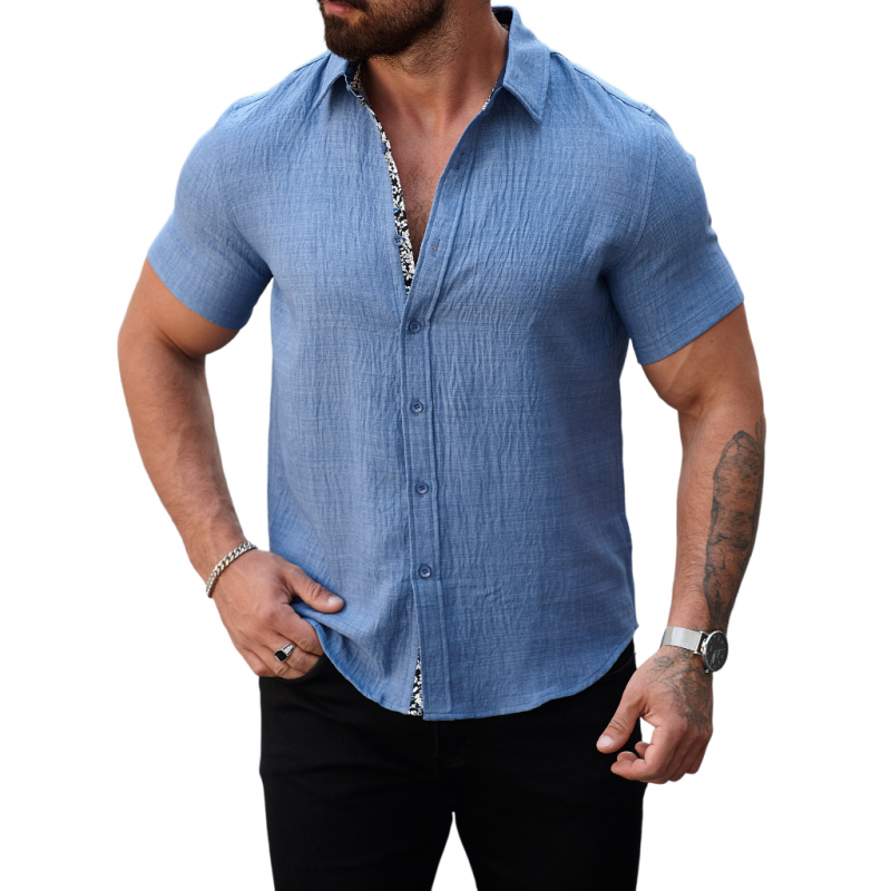 Men's Casual Cotton Linen Pleated Colorblock Lapel Slim Fit Short Sleeve Shirt DTT25060312