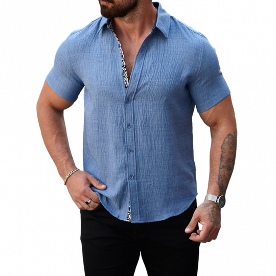 Men's Casual Cotton Linen Pleated Colorblock Lapel Slim Fit Short Sleeve Shirt DTT25060312