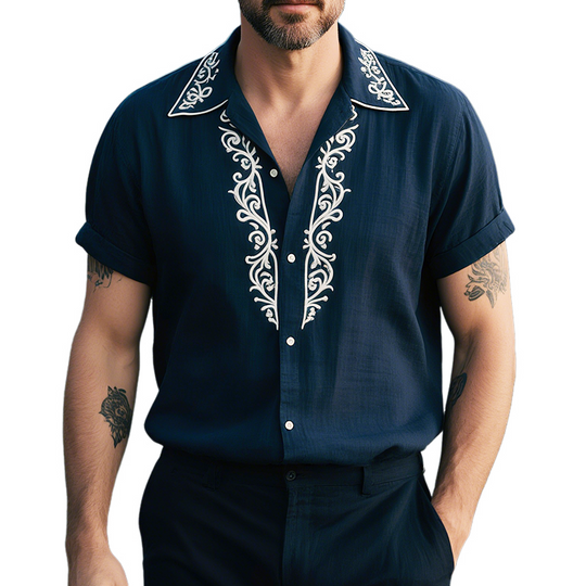 Men's Retro Casual Linen Palace Style Embroidered Lapel Short Sleeve Shirt DTT25071816