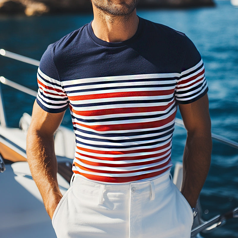 Men's Retro Casual Striped Printed Elastic Slim Round Neck Short Sleeve T-Shirt DDT25052910