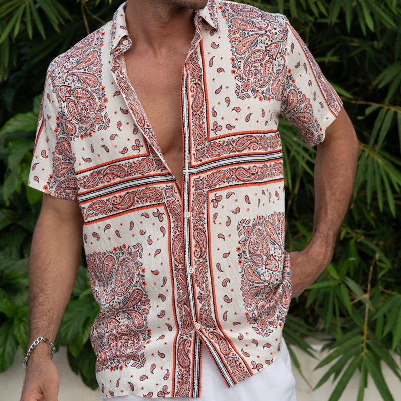 Men's Summer Vintage Tencel Cotton Printed Lapel Short Sleeve Shirt DTT25070301