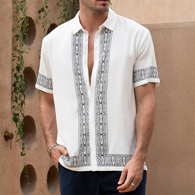 Men's Summer Casual Cotton And Linen Printed Lapel Short-sleeved Shirt DTT25070302
