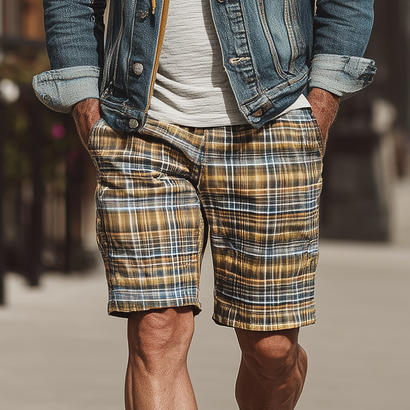 Men's Summer Cotton Blend Fashion Check Print Casual Shorts DTT25071715