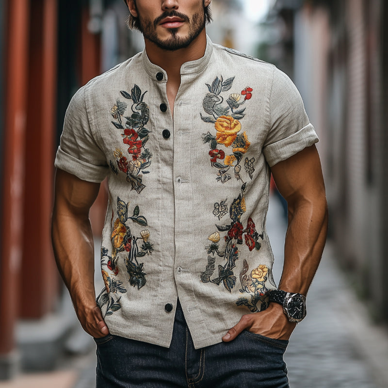 Men's Floral Embroidered Slim Fit Short Sleeve Stand Collar Shirt DTT25053021