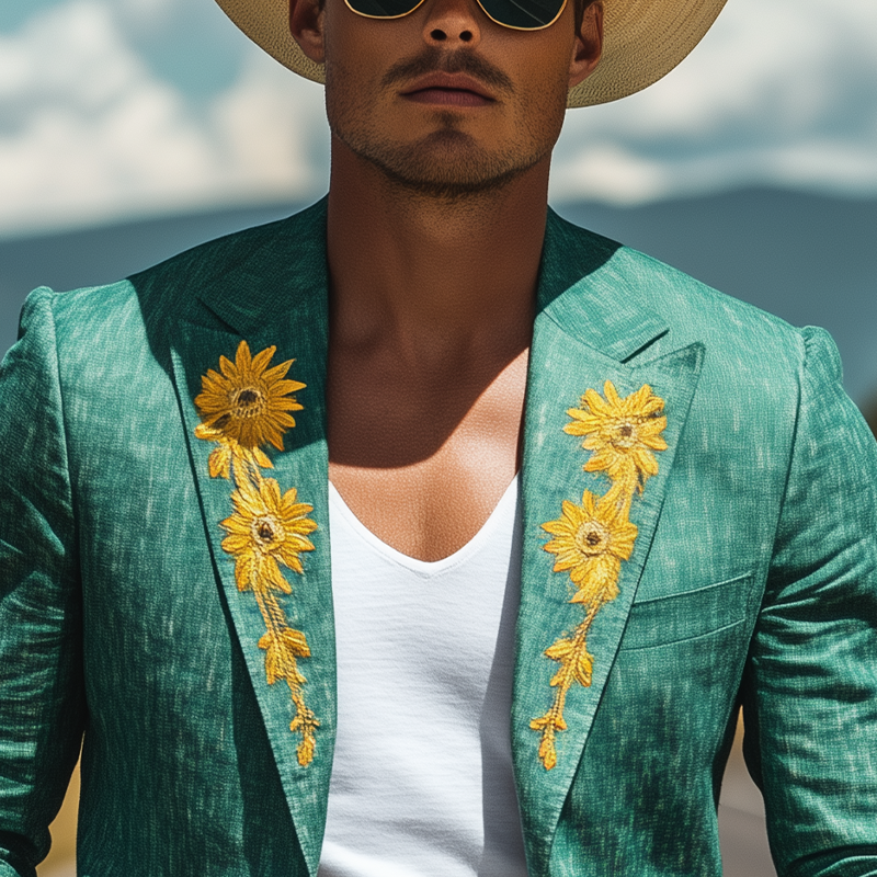 Men’s Spring and Summer Thin Fashion Casual American Retro Western Tough Style Cotton And Linen Texture Embroidery Slim Fit Single-breasted Blazer DTT25061715