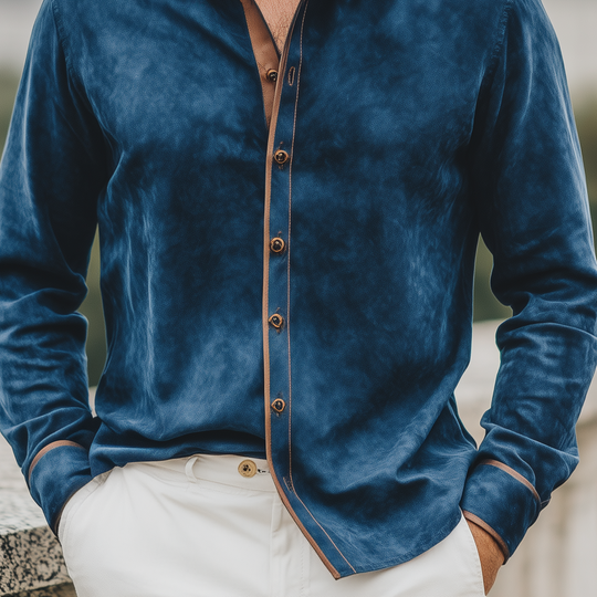Men's Classic Casual Suede Fabric Patchwork Slim Long Sleeve Shirt DTT25080606