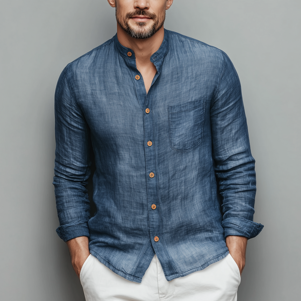 Men's Classic Casual Tencel Cotton Stand Collar Long Sleeve Shirt DTT25080119