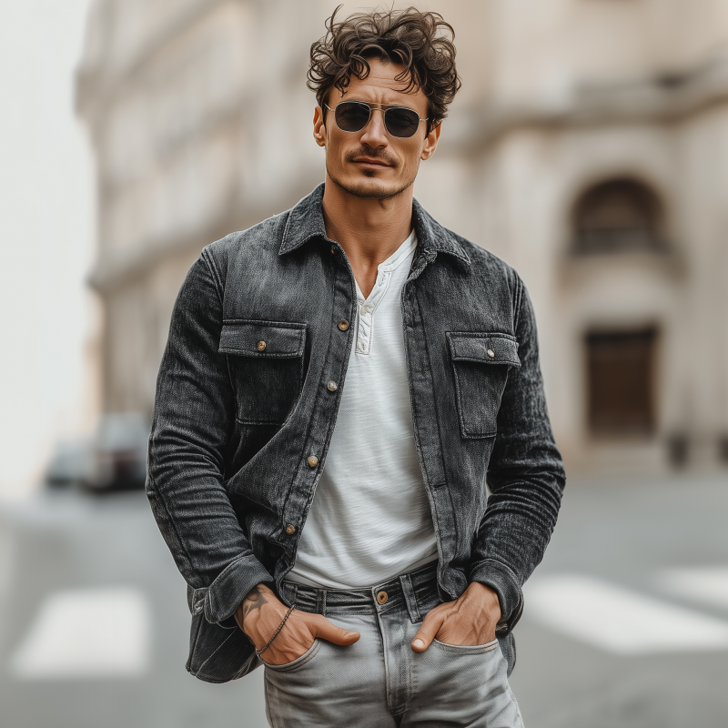 Men's Casual Chenille Fabric Lapel Flap Pocket Single Breasted Loose Long Sleeve Shirt Jacket DTT25080405