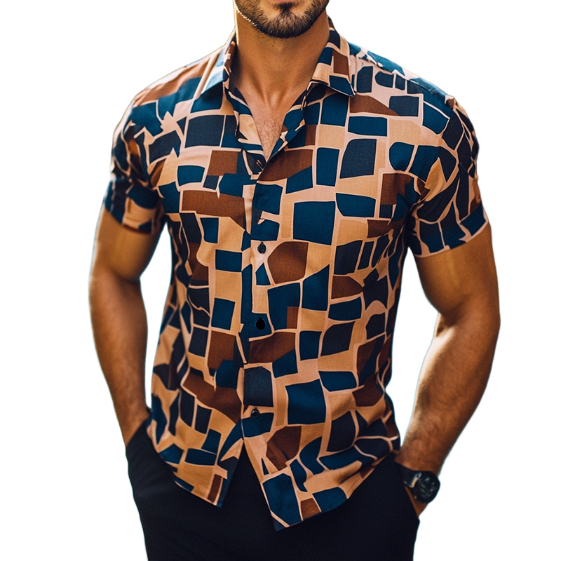 Men's Retro Casual Geometric Print Lapel Short Sleeve Shirt 9911546478776