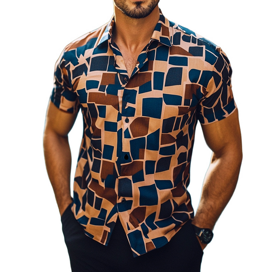 Men's Retro Casual Geometric Print Lapel Short Sleeve Shirt 9911546478776