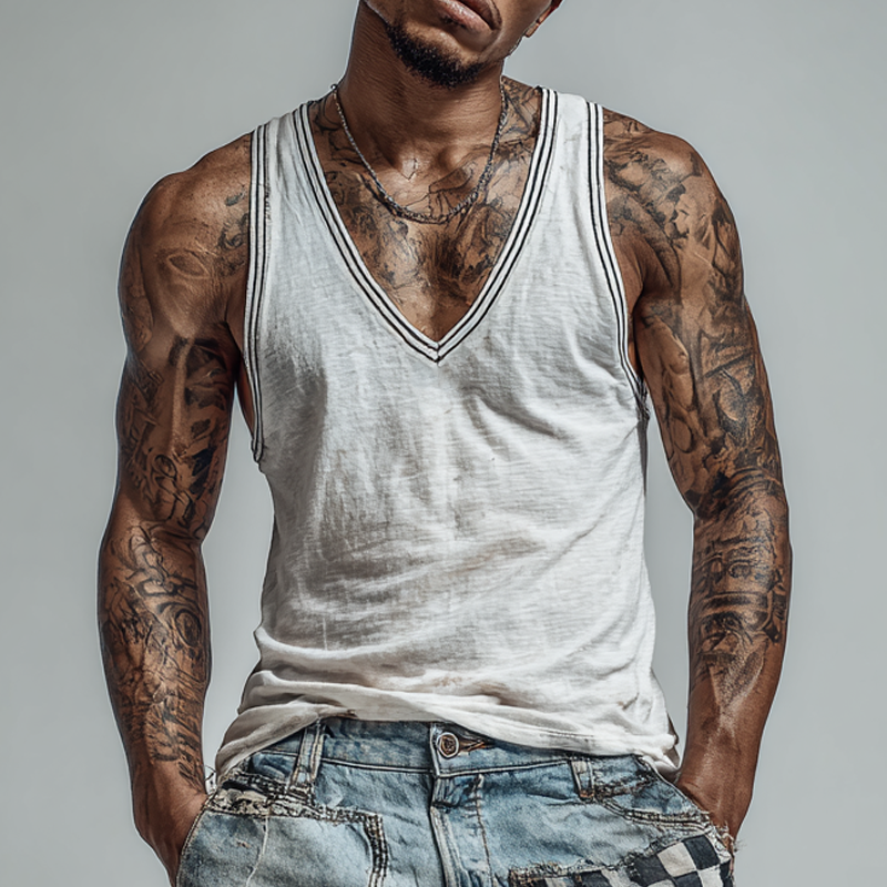 Men's Cotton Blend Loose V-Neck Tank Tops DTT25062309