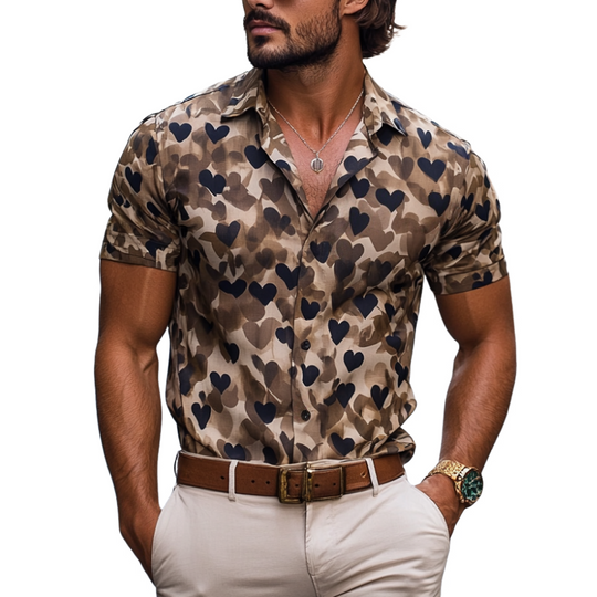 Men's Camouflage Heart Print Lapel Short Sleeve Casual Shirt DTT25060908