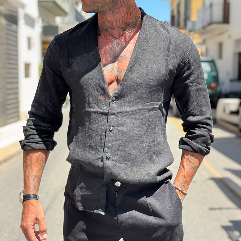 Men's Retro Casual Solid Color Linen Collarless Long Sleeve Shirt DTT25072818