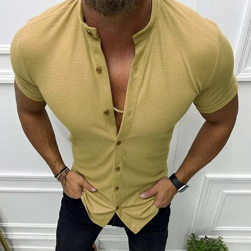 Men's Casual Solid Color Stand Collar Waffle Short Sleeve Shirt 9261780795576