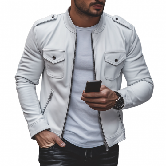 Men's Casual Solid Color Faux Leather Stand Collar Zipper Multi-Pocket Slim Fit Motorcycle Jacket DTT25073119