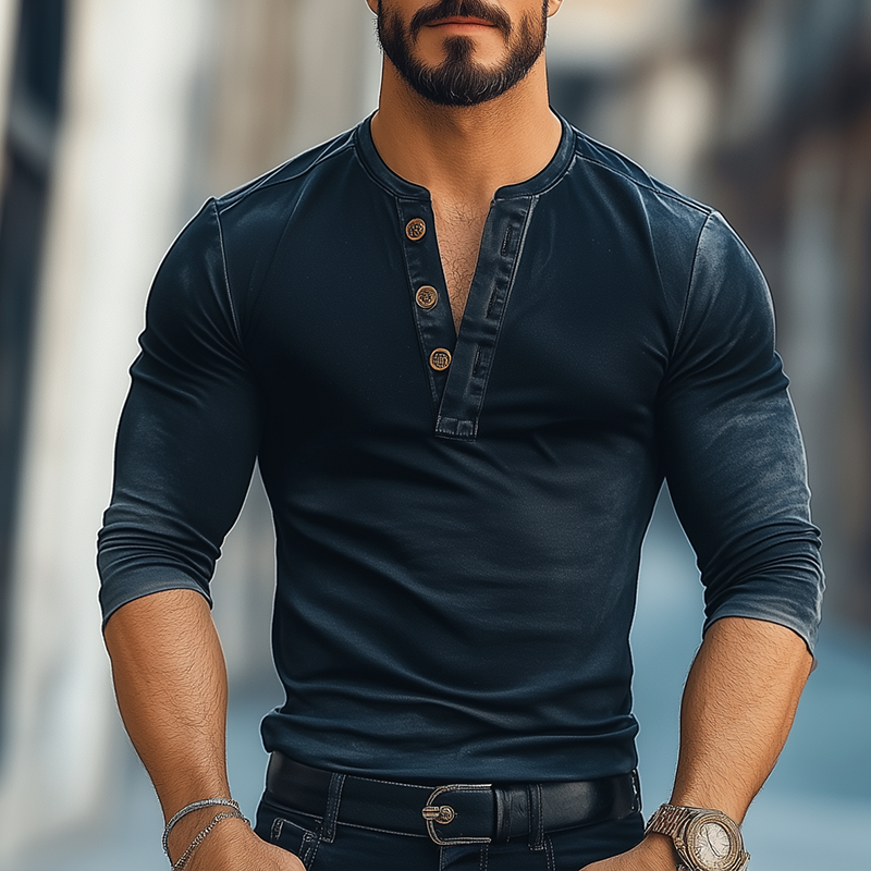 Men's Retro Casual Gradient Print Henley Neck Long Sleeve T-Shirt DTT25070103