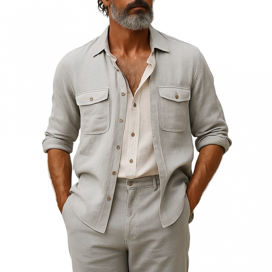 Men's Casual Breathable Linen Lapel Chest Pocket Loose Long Sleeve Shirt DDT25052905