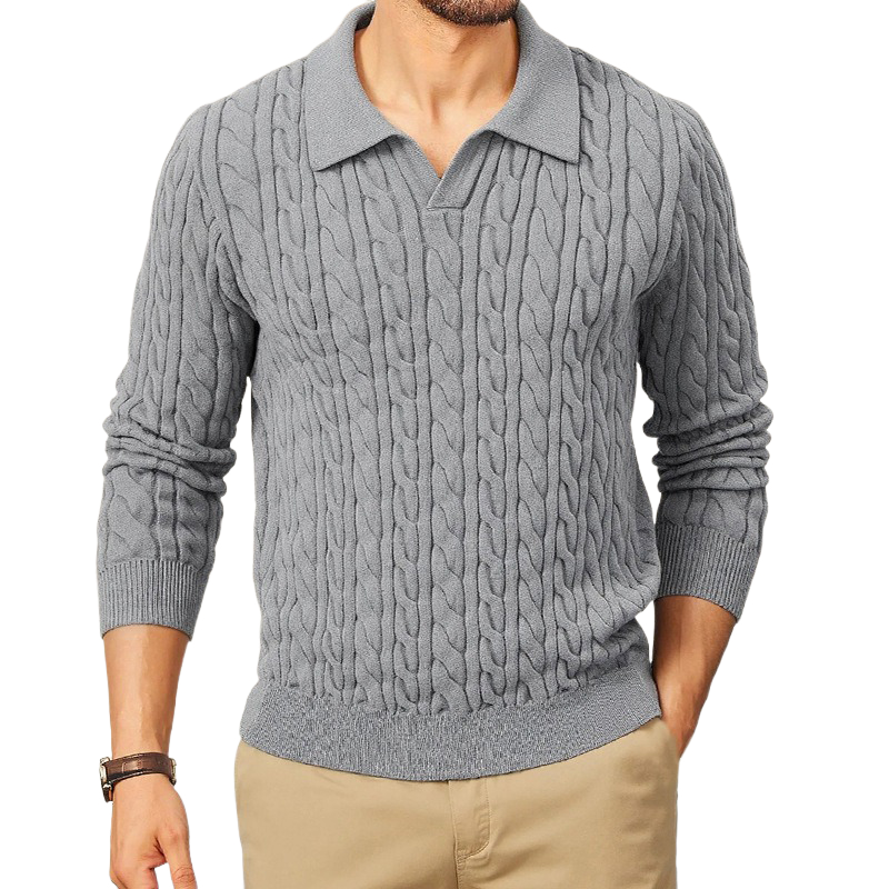 Men's Solid Color Slim-Fit Cable Textured POLO Neck Sweater DTT25081803