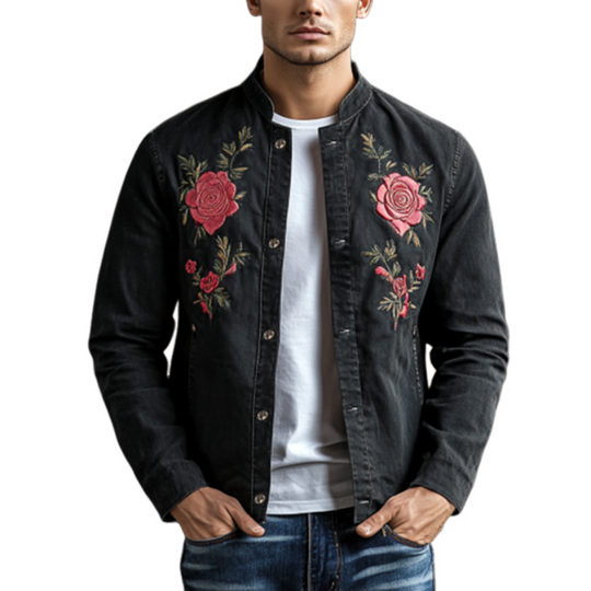 Men's Classic Casual Embroidered Denim Stand Collar Jacket 9892392108216