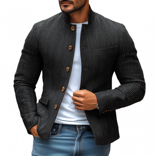 Men's Stylish Linen Striped Stand Collar Single Breasted Slim Short Blazer DTT25072303