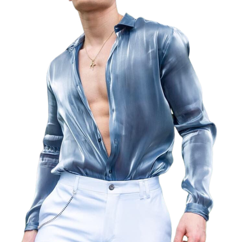 Men's Fashion Satin Lapel Long Sleeve Shirt 9893975195832
