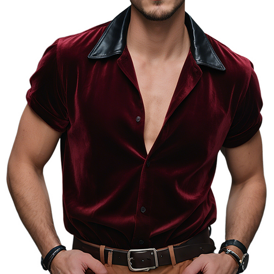 Men's Retro Casual Velvet Leather Lapel Short Sleeve Shirt DTT25071505