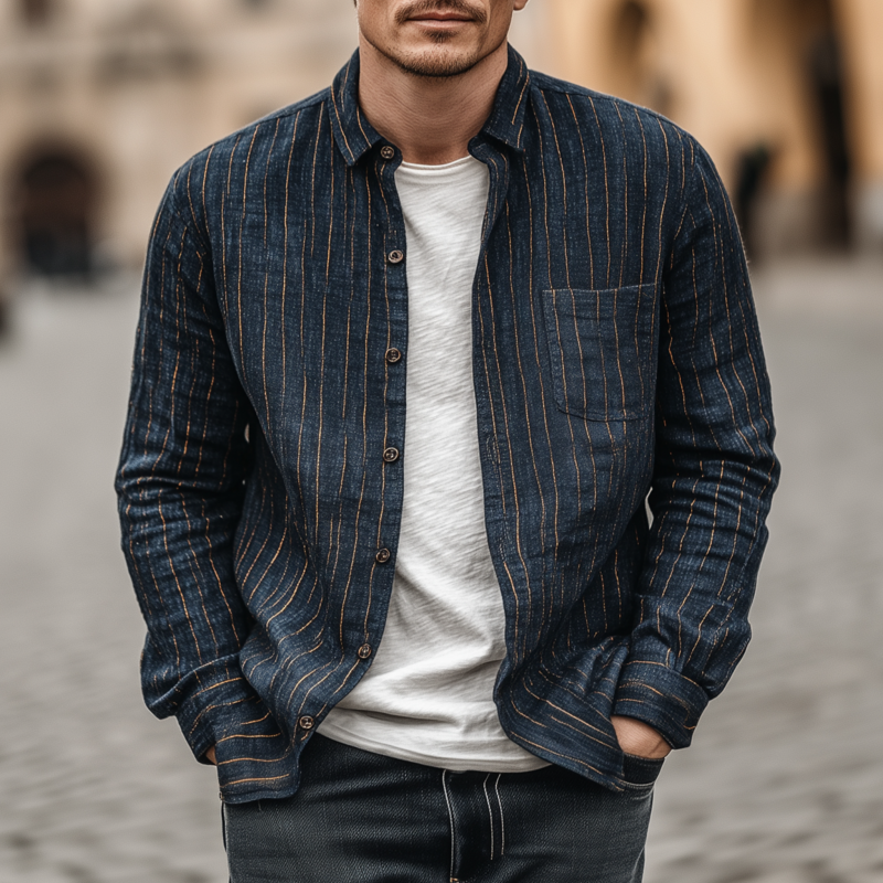 Men's Casual Breathable Linen Striped Lapel Patch Pocket Slim Fit Long Sleeve Shirt DTT25072206