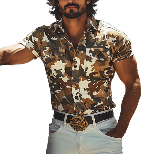 Men's Fashion Casual Western Tough Style Lapel Thin Suede Camouflage Print Slim Short-sleeved Shirt DTT25061305