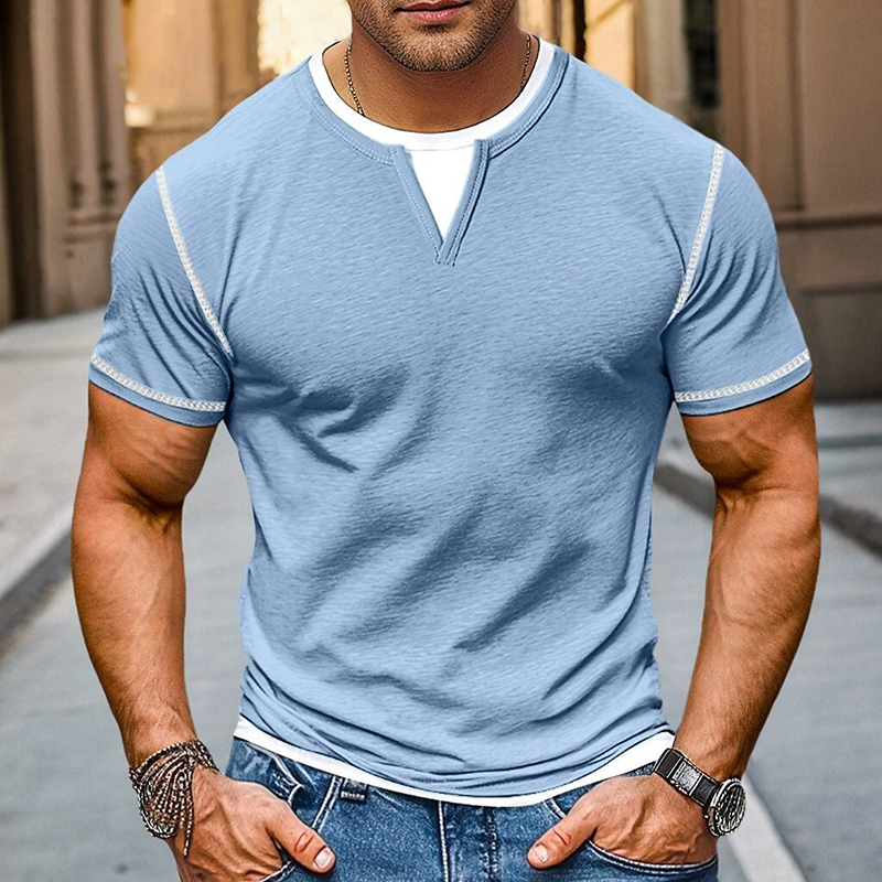 Men's Contrast Color V-Neck Cotton Blend Short Sleeve T-Shirt DTT25072408